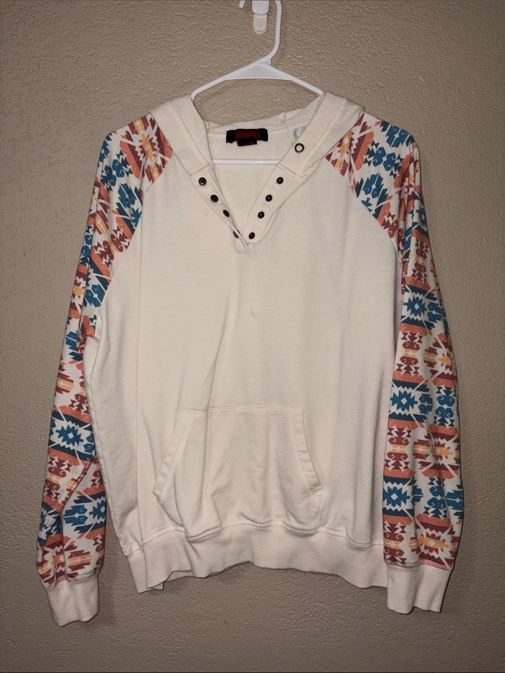 Cream Hoodie with Aztec-Patterned Sleeves